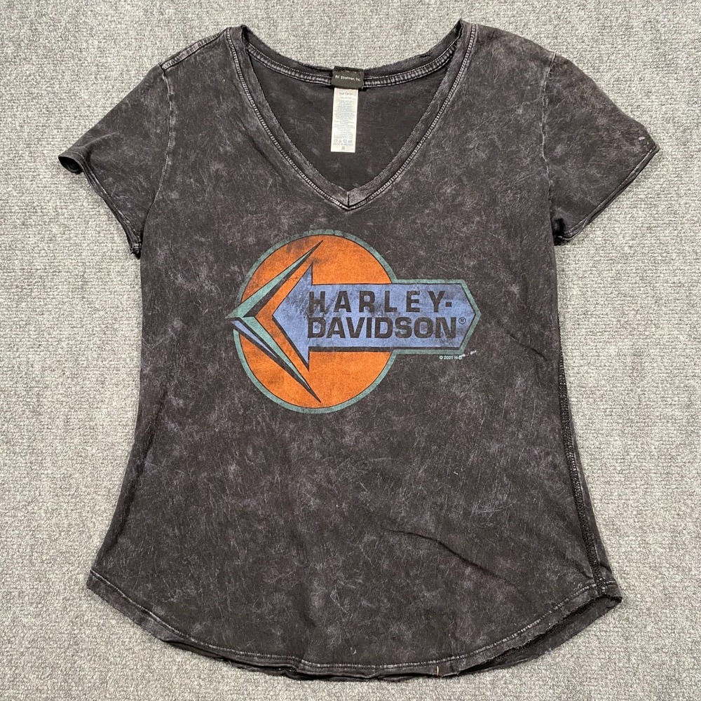 Harley-Davidson Black Acid Wash Short Sleeve V-Neck Graphic Tee Womens Medium‎